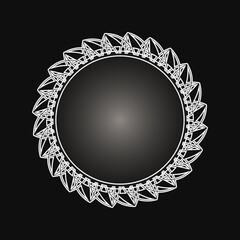 White frame with lace ornament in circle on black background. Art deco. Luxury round mandala, hand draw design. Ethnic motif. Abstract vector illustration.Template design for invitation, poster, card.