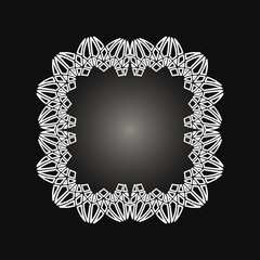 White frame with lace ornament in circle on black background. Art deco. Luxury round mandala, hand draw design. Ethnic motif. Abstract vector illustration.Template design for invitation, poster, card.