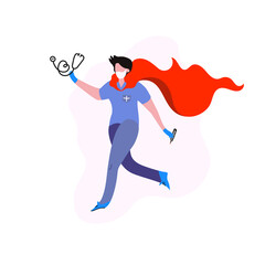 Running man doctor or nurse in face mask with superhero cape. Cute character in cartoon style isolated on white background. Medical staff during coronavirus outbreak. Stock vector illustration