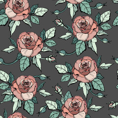 Seamless pattern with pink roses on a dark gray background. - 355090079
