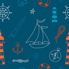 Seamless pattern of Sailor theme. Hand draw vector line illustration. The set consists of lighthouses, nautical knots, compass, binoculars, anchor, rudder, lifebuoy, ship and shells.