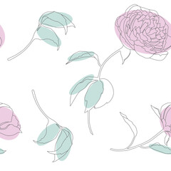 Vector seamless pattern with peonies. Outlined flowers, bright colors, white background