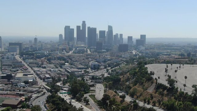 Los Angeles Downtown From Radio Hill Garden Aerial Shot Right
