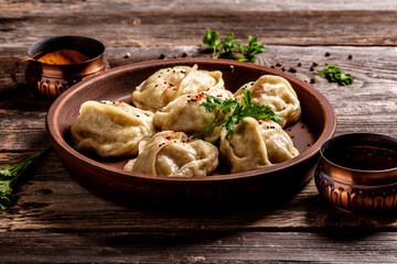Traditional Turkish Manti. meat dish. close up view