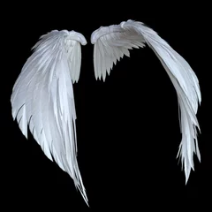 Fotobehang 3D-gerenderde witte fantasie engelenvleugels geïsoleerd op zwarte achtergrond - 3D illustratie © diversepixel