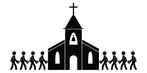 People Going to Entering Church. Black and white pictogram depicting people attending church service mass holding Holy Bible. Vector File