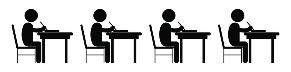 Multiple Student Studying Classroom. Black and white pictogram depicting many students study writing working in a line. Vector File