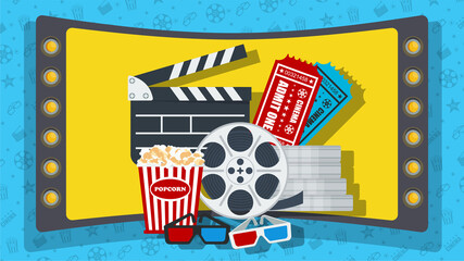 Cinema poster template. Red curtain on stage of theater. Screen, premiere