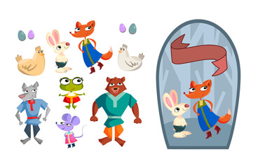 Animals and background for postcards. Fox, wolf, hare, mouse, bear, frog cute characters without contour on a white background in isolation