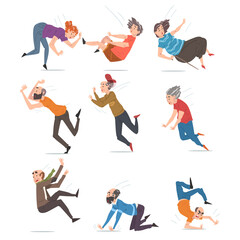 Elderly Man and Woman Falling Down Set, Accident, Pain and Injury Cartoon Style Vector Illustration on White Background
