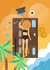 Naklejka premium Summer beach vacation card, vector flat illustration