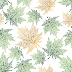 Seamless pattern with green and gold leaves veins. Vector, EPS 10.