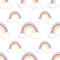 Hand-drawn watercolor rainbow and clouds seamless pattern on white background. Cute endless print for your design. Colorful wallpaper.