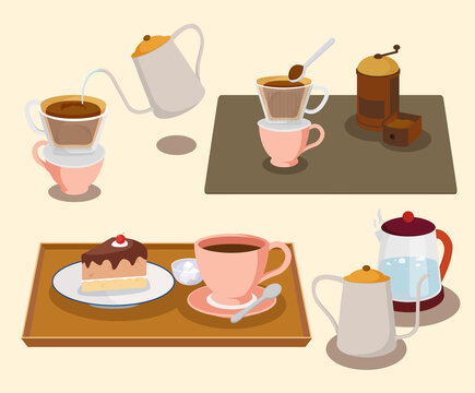 Hand drip Coffee, Dessert illustration set. The process of making coffee Vector drawing. Hand drawn style.