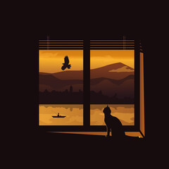 vector illustration of sunset landscape cat on the window