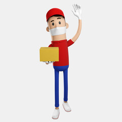 3D illustration render delivery man red uniform send package at to home and waved call for customer stay at home in virus covid-19 scourge 