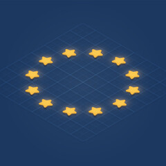 European Union flag with 3D stars on a grid, isometric vector illustration