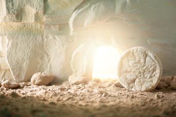 Jesus Christ resurrection. Christian Easter concept. Empty tomb of Jesus with light. Born to Die,...