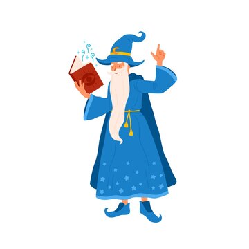 Cartoon wizard hold book reading magic spell vector flat illustration. Funny old mystery wizard making enchantment isolated on white background. Cute mage character with beard pronounce conjure