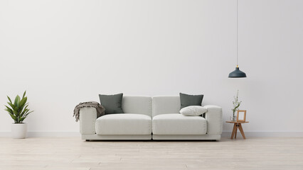 Living room interior wall mockup with gray velvet sofa, gray pillows, plaid and green plant branch in vase on empty white wall background. 3D rendering