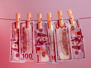 American dollar bills drying. Stock photo of money laundering and corruption concept	
