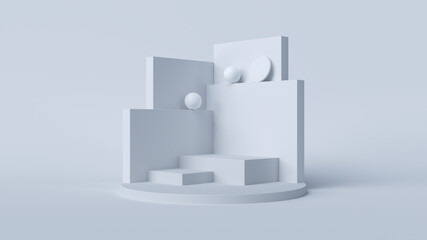 3D Rendering abstract minimal white showcase, mockup for product scene, abstract walls and sphere on white background.