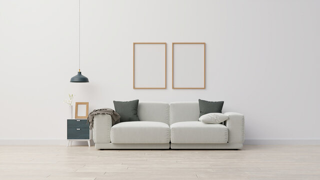 Interior poster mock up living room with colorful white sofa . 3D rendering. © pramote