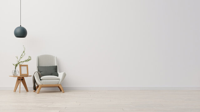 Living room interior wall mockup with light gray velvet armchair, gray pillow, plaid, coffee table and green plant branch in vase on empty white wall background. 3D rendering