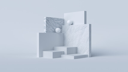 3D Rendering abstract minimal white showcase, mockup for product scene, abstract walls and sphere on white background.