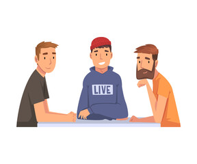 Men Sitting and Looking at Us Set, Meeting of Friends Cartoon Vector Illustration