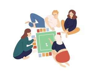 Group of happy friends or family members playing table game together vector flat illustration. Smiling people lying and sitting on floor with cards and cubes isolated on white background