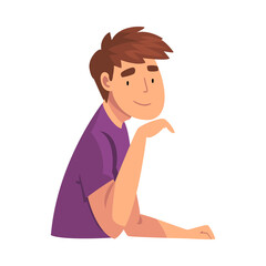 Sitting Young Man Looking at Us Cartoon Vector Illustration