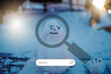 Background of snowman with Magnifying glass and search symbol on below. Abstract of search and...