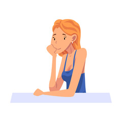 Girl Sitting and Looking at Us, Young Woman Sitting with His Head Propped on Hand Cartoon Vector Illustration