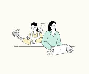 Woman in the office and kitchen  illustration set. multitasking, business working, cooking Vector drawing. Hand drawn style.