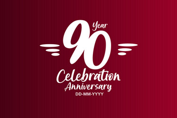 90 year anniversary white colors on red color with triple small stripes - vector 