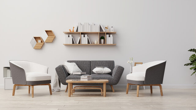 Interior poster mock up living room with blue armchair have cabinet and wood shelves on wood flooring and white wall ,3d rendering