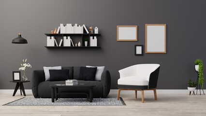 Interior poster mock up living room with blue armchair have cabinet and wood shelves on wood flooring and white wall ,3d rendering
