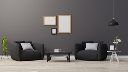 Interior poster mock up living room with blue armchair have cabinet and wood shelves on wood flooring and white wall ,3d rendering