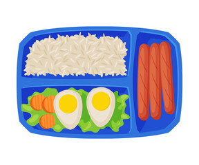 Meal Tray Filled with Egg, Rice and Sausages, Healthy Food For Kids And Students, View from Above Flat Vector Illustration