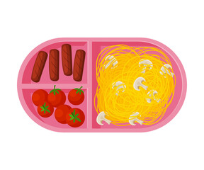 Meal Tray Filled with Pasta, Sausages and Tomatoes, Healthy Food For Kids And Students, View from Above Flat Vector Illustration