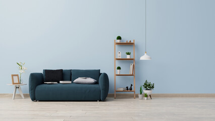 Interior poster mock up Bookshelf in living room have sofa and blue wall background,3D rendering