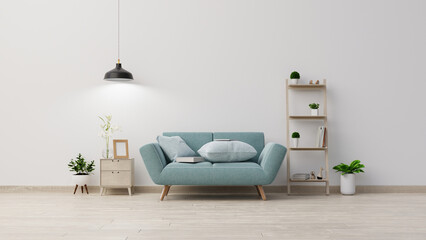 Interior mock up living room with blue sofa, plants and table on empty white wall background. 3D rendering