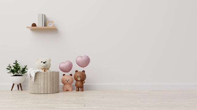 Interior mock up children's room. Teddy bear doll in the children's room on wall background.3D Rendering3D rendering.