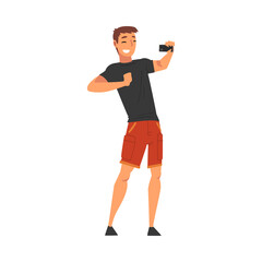 Smiling Man Wearing Black Tshirt and Shorts Taking Selfie Photo, Male Character Photographing Himself with Smartphone Cartoon Vector Illustration