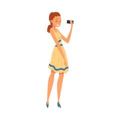 Smiling Girl Wearing Dress Taking Selfie Photo, Female Character Photographing Herself with Smartphone Cartoon Vector Illustration