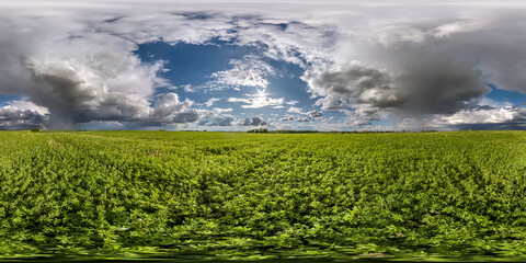 full seamless spherical hdri panorama 360 degrees angle view among fields in spring day with...
