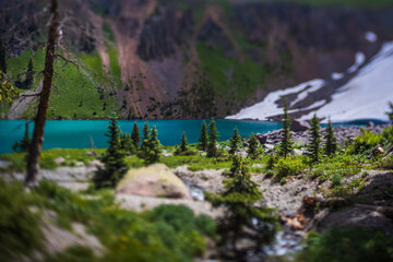 Tilt shift lens used to give appearance of miniature blue lake and forest. 