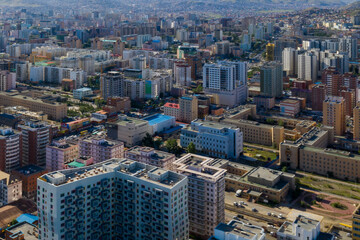 Aerial view of Ulaanbaatar, the capital of Mongolia, circa June 2019