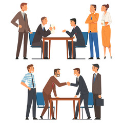 Business Negotiations Set, Busines Partners Sitting at Table and Discussing Work Strategy, Exchanging Information Cartoon Vector Illustration